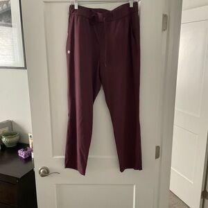 Travel or exercise pants in a dark rose color.